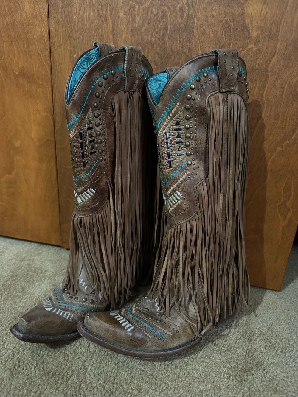 Fringe Embellished Brown Leather Heeled Boots - Turquoise Accents